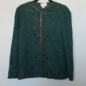 JMD New York Forest Green Vintage Beaded Silk Topper Jacket Medium